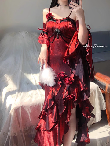 Niulatu High Low Spaghetti Straps Floor Length Burgundy Flowers Prom Dresses Birthday Dress SD463